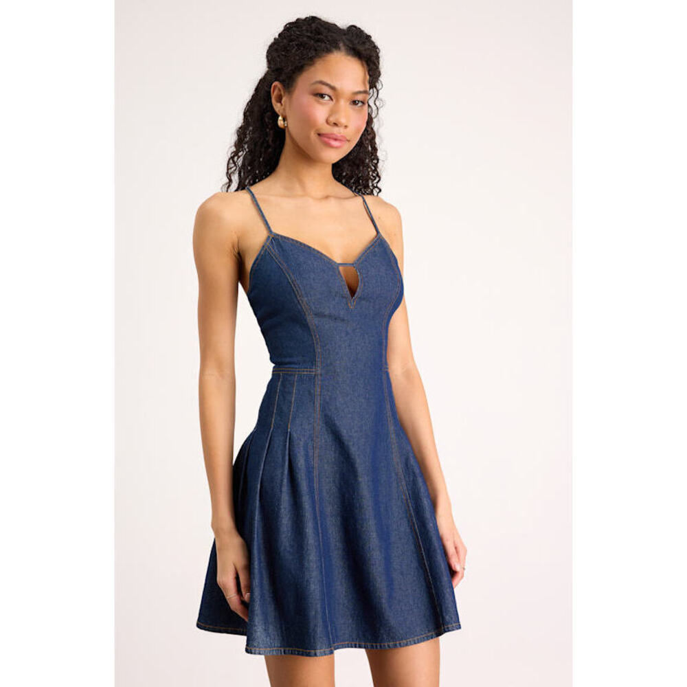 Lulus Margorie Dark Wash Denim Lace-up Mini Dress Blue - Size S